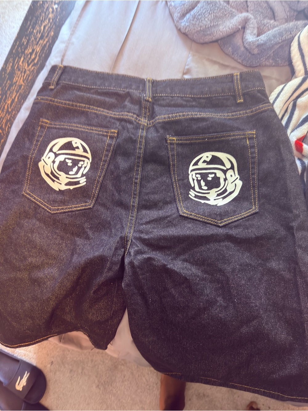 Akoo Black Denim Shorts with White Astronaut Pocket Graphics